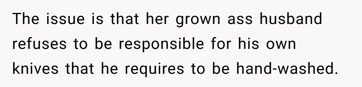 The issue is that her grown ass husband refuses to be responsible for his own knives that he requires to be hand-washed.