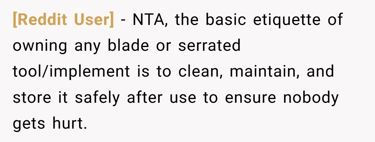 [Reddit User] − NTA, the basic etiquette of owning any blade or serrated tool/implement is to clean, maintain, and store it safely after use to ensure nobody gets hurt.