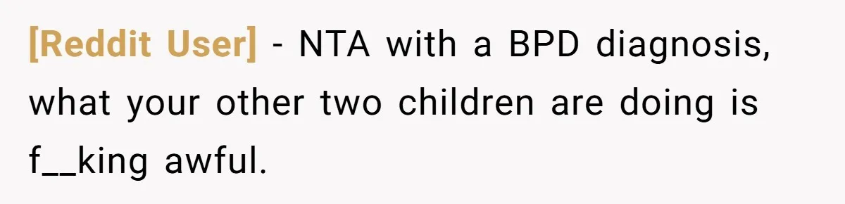 [Reddit User] − NTA with a BPD diagnosis, what your other two children are doing is f__king awful.