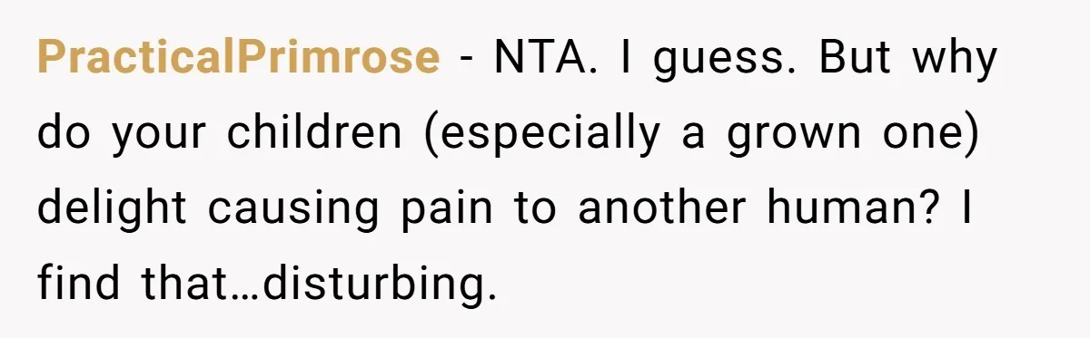 PracticalPrimrose − NTA. I guess. But why do your children (especially a grown one) delight causing pain to another human? I find that…disturbing.