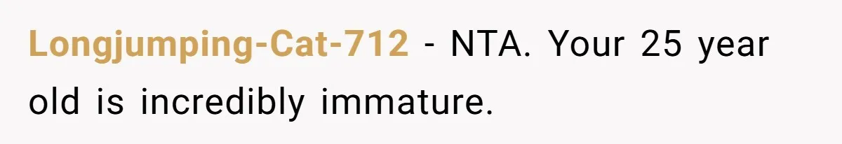 Longjumping-Cat-712 − NTA. Your 25 year old is incredibly immature.