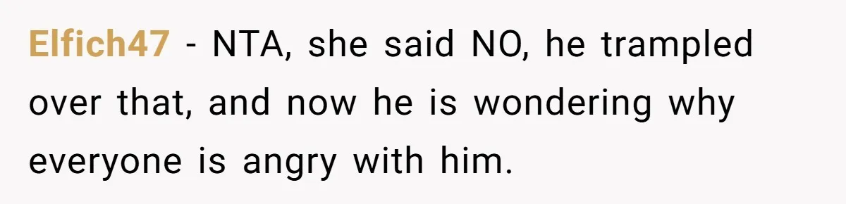 Elfich47 − NTA, she said NO, he trampled over that, and now he is wondering why everyone is angry with him.