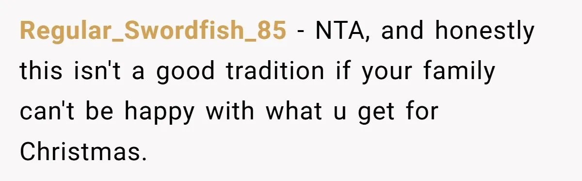 Regular_Swordfish_85 − NTA, and honestly this isn't a good tradition if your family can't be happy with what u get for Christmas.