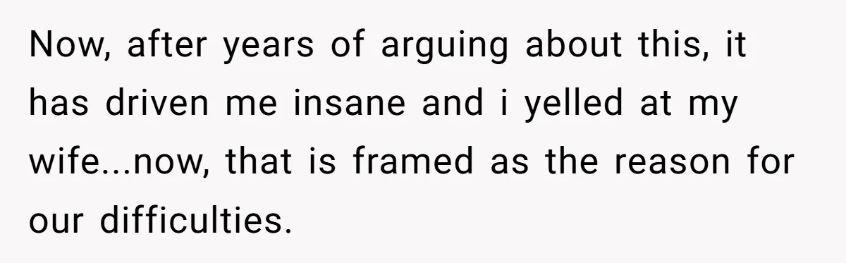 Now, after years of arguing about this, it has driven me insane and i yelled at my wife...now, that is framed as the reason for our difficulties.