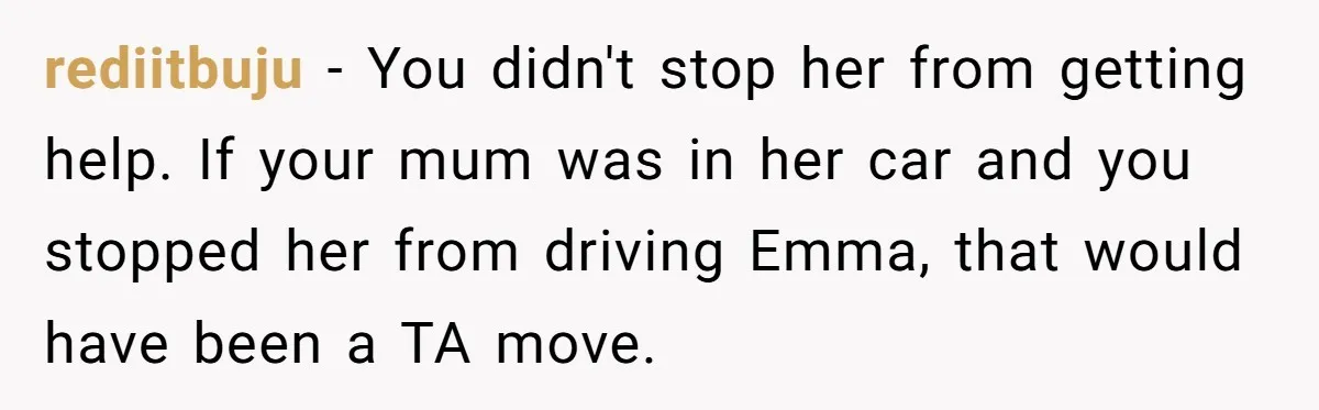rediitbuju − You didn't stop her from getting help. If your mum was in her car and you stopped her from driving Emma, that would have been a TA move.