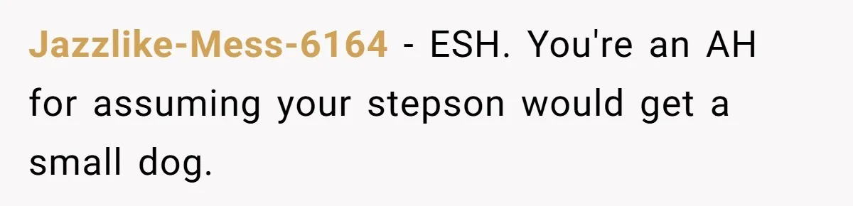 Jazzlike-Mess-6164 − ESH. You're an AH for assuming your stepson would get a small dog.