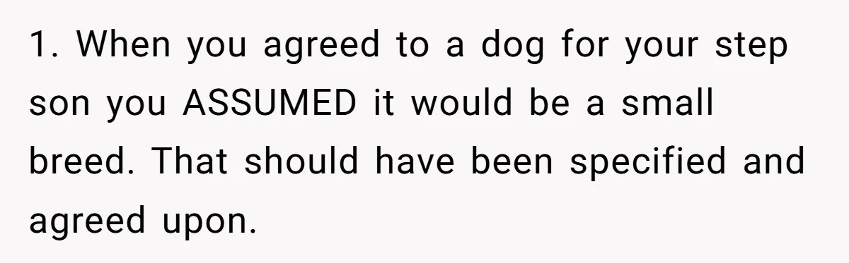 1. When you agreed to a dog for your step son you ASSUMED it would be a small breed. That should have been specified and agreed upon.