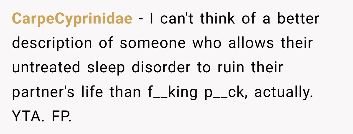 CarpeCyprinidae − I can't think of a better description of someone who allows their untreated sleep disorder to ruin their partner's life than f__king p__ck, actually. YTA. FP.