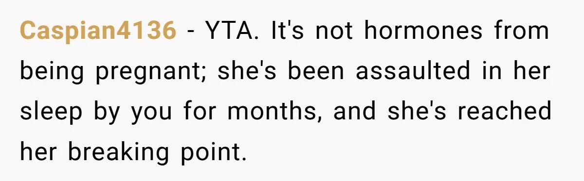 Caspian4136 − YTA. It's not hormones from being pregnant; she's been assaulted in her sleep by you for months, and she's reached her breaking point.