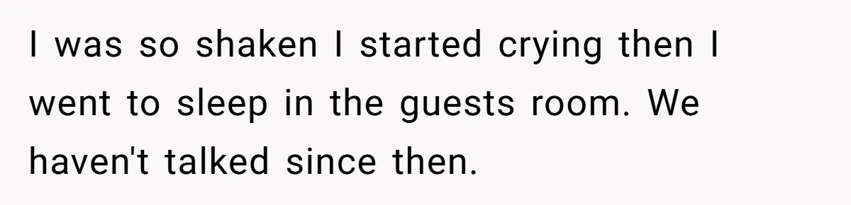I was so shaken I started crying then I went to sleep in the guests room. We haven't talked since then.