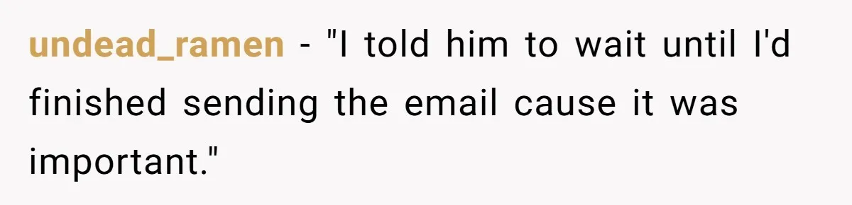 undead_ramen − "I told him to wait until I'd finished sending the email cause it was important."
