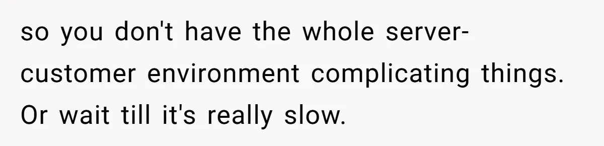 so you don't have the whole server-customer environment complicating things. Or wait till it's really slow.