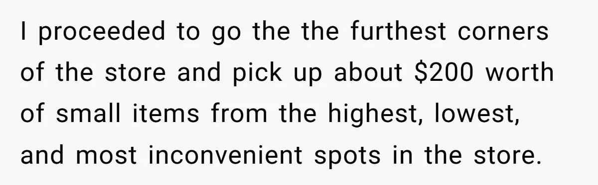 I proceeded to go the the furthest corners of the store and pick up about $200 worth of small items from the highest, lowest, and most inconvenient spots in the...