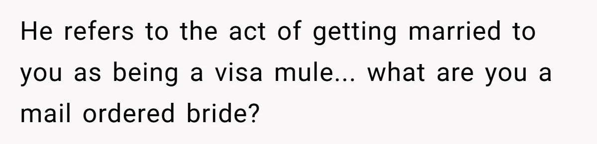He refers to the act of getting married to you as being a visa mule... what are you a mail ordered bride?