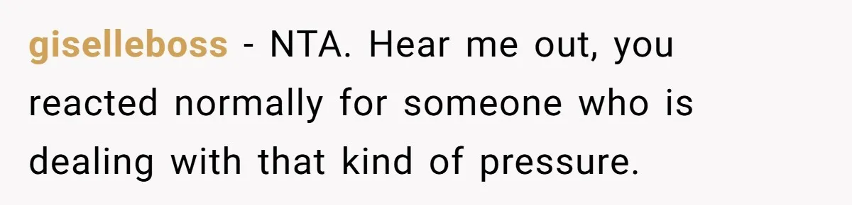 giselleboss − NTA. Hear me out, you reacted normally for someone who is dealing with that kind of pressure.
