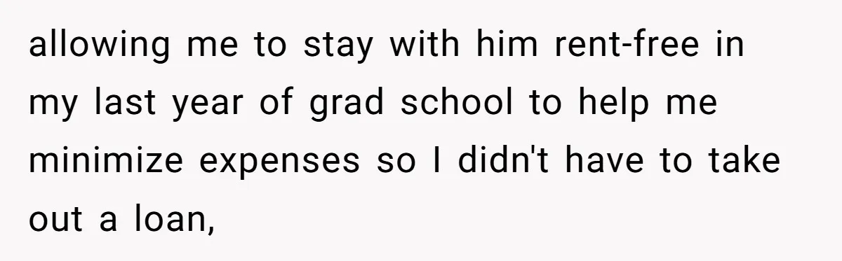 allowing me to stay with him rent-free in my last year of grad school to help me minimize expenses so I didn't have to take out a loan,