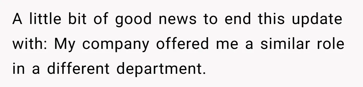A little bit of good news to end this update with: My company offered me a similar role in a different department.