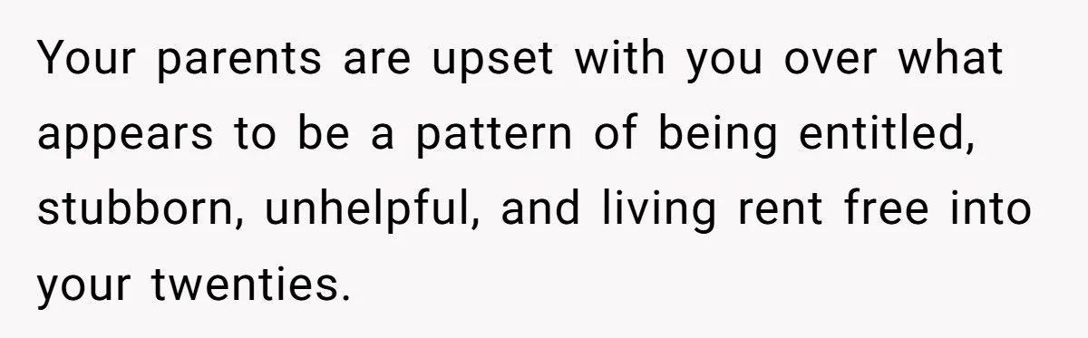 Your parents are upset with you over what appears to be a pattern of being entitled, stubborn, unhelpful, and living rent free into your twenties.