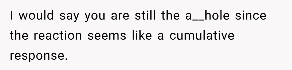 I would say you are still the a__hole since the reaction seems like a cumulative response.