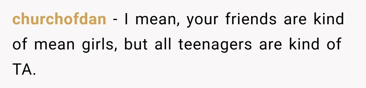 churchofdan − I mean, your friends are kind of mean girls, but all teenagers are kind of TA.
