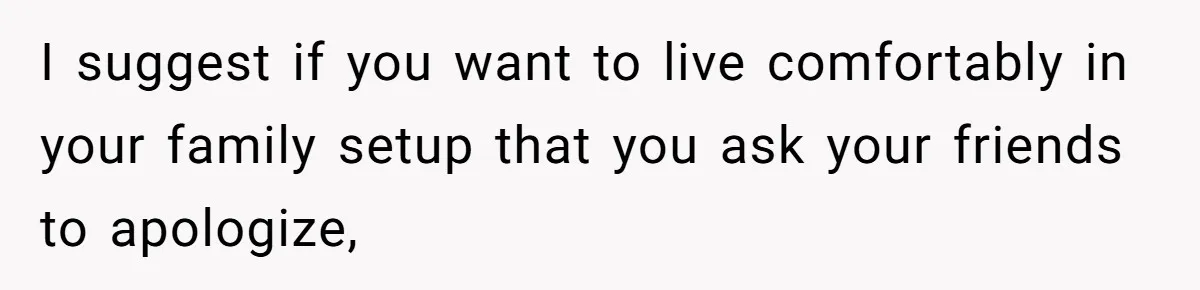 I suggest if you want to live comfortably in your family setup that you ask your friends to apologize,