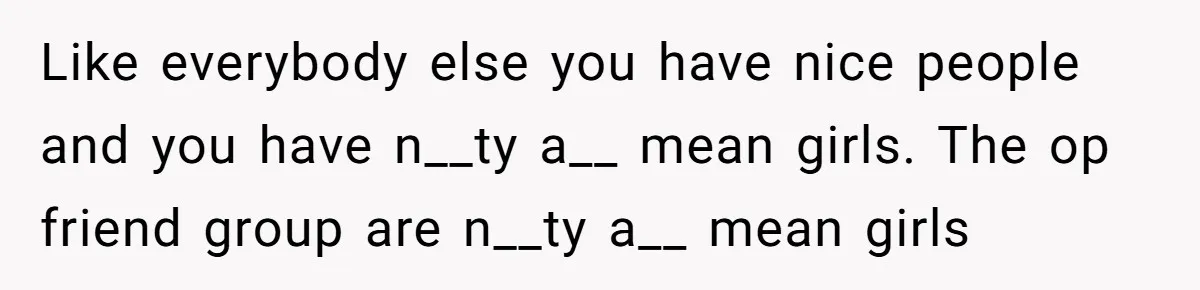Like everybody else you have nice people and you have n__ty a__ mean girls. The op friend group are n__ty a__ mean girls
