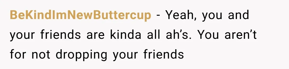 BeKindImNewButtercup − Yeah, you and your friends are kinda all ah’s. You aren’t for not dropping your friends