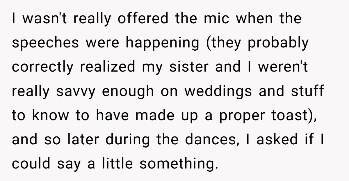I wasn't really offered the mic when the speeches were happening (they probably correctly realized my sister and I weren't really savvy enough on weddings and stuff to know to...