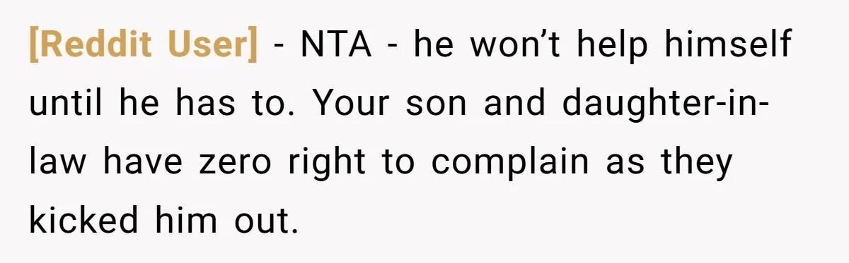 [Reddit User] − NTA - he won’t help himself until he has to. Your son and daughter-in-law have zero right to complain as they kicked him out.