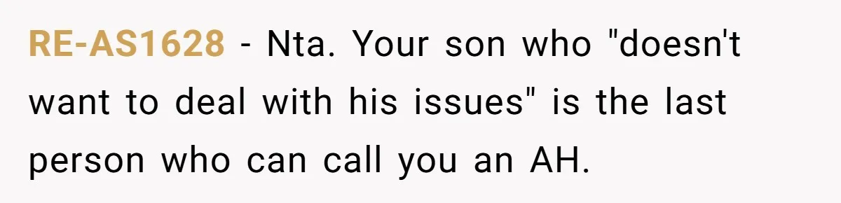 RE-AS1628 − Nta. Your son who "doesn't want to deal with his issues" is the last person who can call you an AH.
