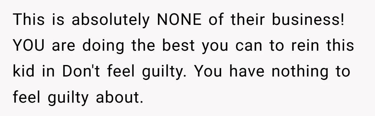 This is absolutely NONE of their business! YOU are doing the best you can to rein this kid in Don't feel guilty. You have nothing to feel guilty about.