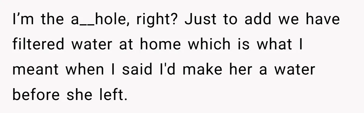 I’m the a__hole, right? Just to add we have filtered water at home which is what I meant when I said I'd make her a water before she left.
