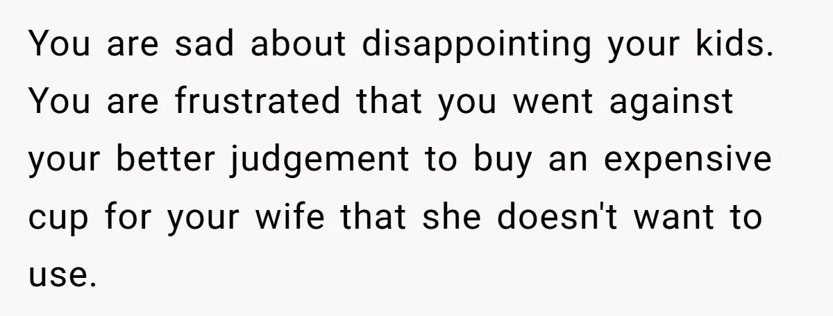 You are sad about disappointing your kids. You are frustrated that you went against your better judgement to buy an expensive cup for your wife that she doesn't want to...