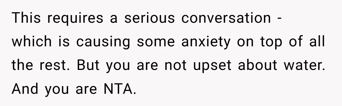 This requires a serious conversation - which is causing some anxiety on top of all the rest. But you are not upset about water. And you are NTA.