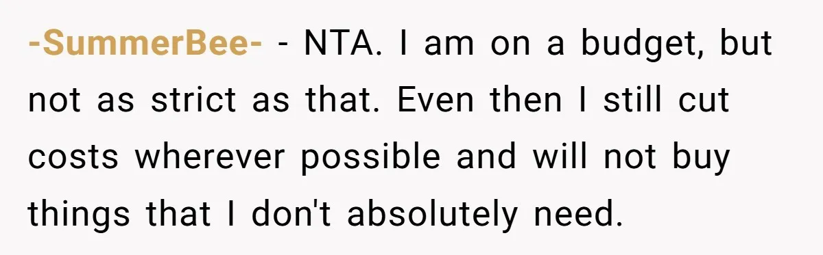 -SummerBee- − NTA. I am on a budget, but not as strict as that. Even then I still cut costs wherever possible and will not buy things that I don't...