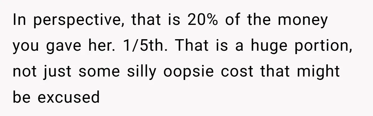 In perspective, that is 20% of the money you gave her. 1/5th. That is a huge portion, not just some silly oopsie cost that might be excused