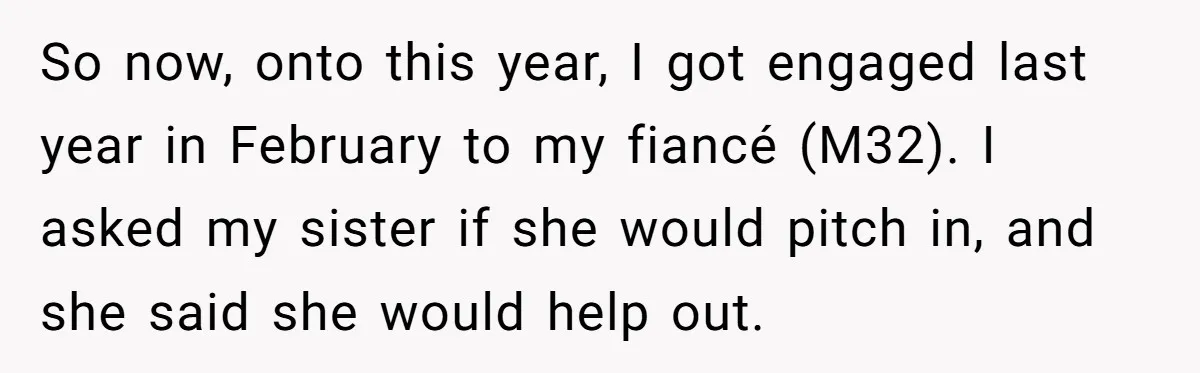 So now, onto this year, I got engaged last year in February to my fiancé (M32). I asked my sister if she would pitch in, and she said she would...
