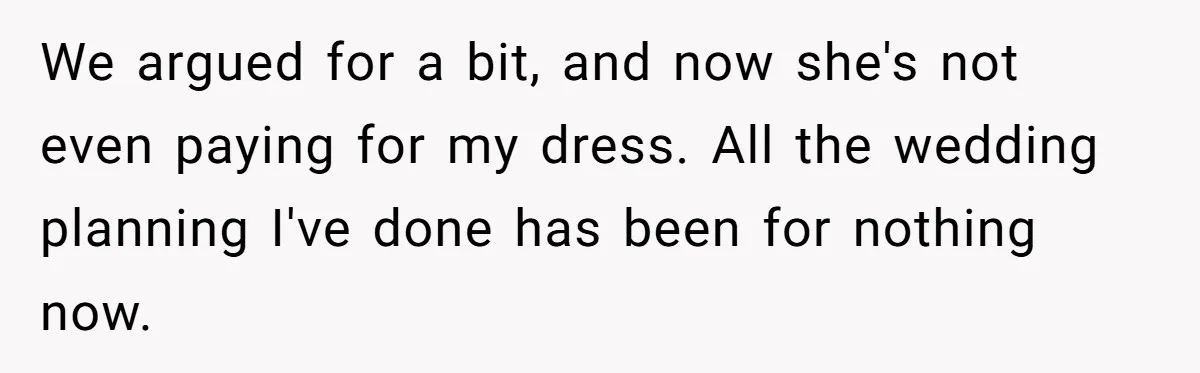 We argued for a bit, and now she's not even paying for my dress. All the wedding planning I've done has been for nothing now.