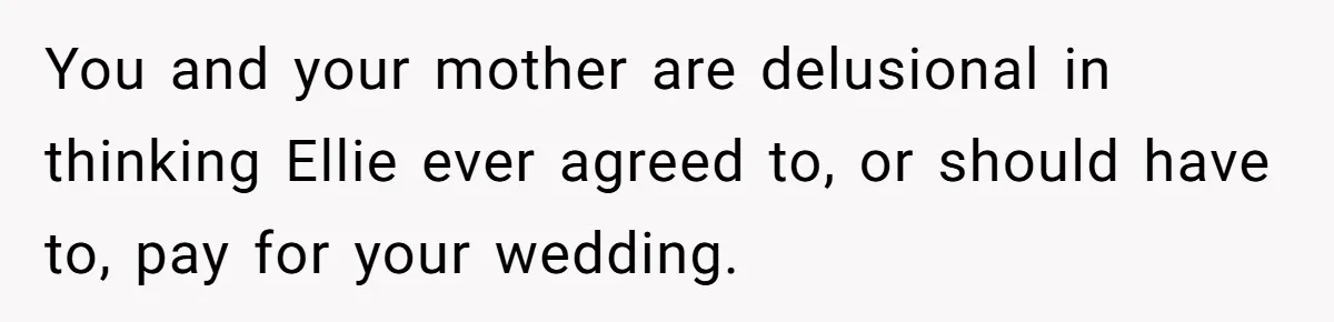 You and your mother are delusional in thinking Ellie ever agreed to, or should have to, pay for your wedding.