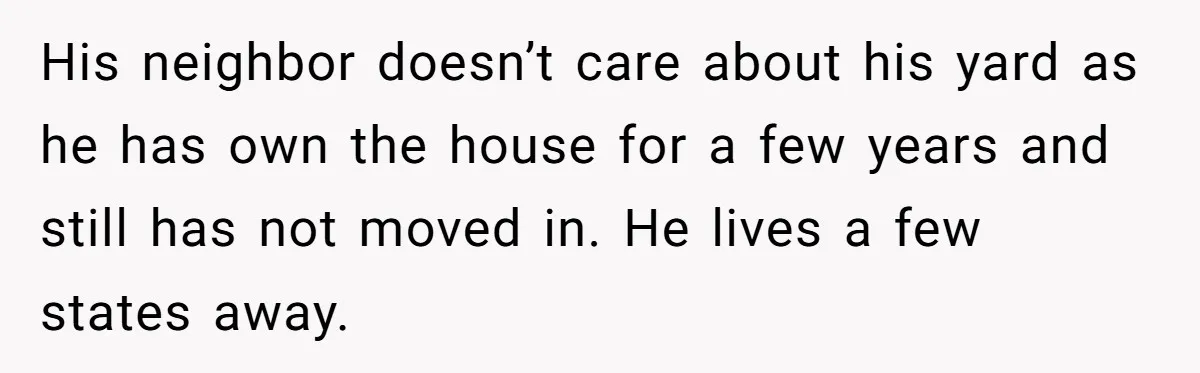 His neighbor doesn’t care about his yard as he has own the house for a few years and still has not moved in. He lives a few states away.