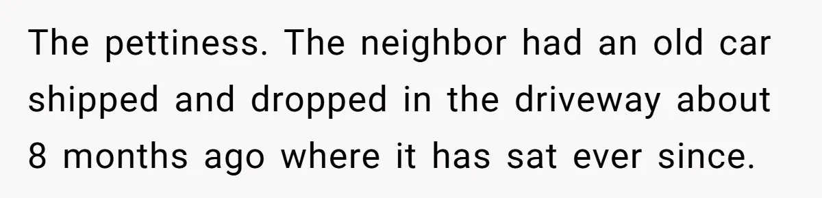 The pettiness. The neighbor had an old car shipped and dropped in the driveway about 8 months ago where it has sat ever since.