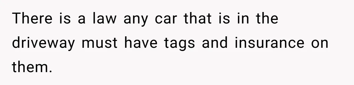 There is a law any car that is in the driveway must have tags and insurance on them.