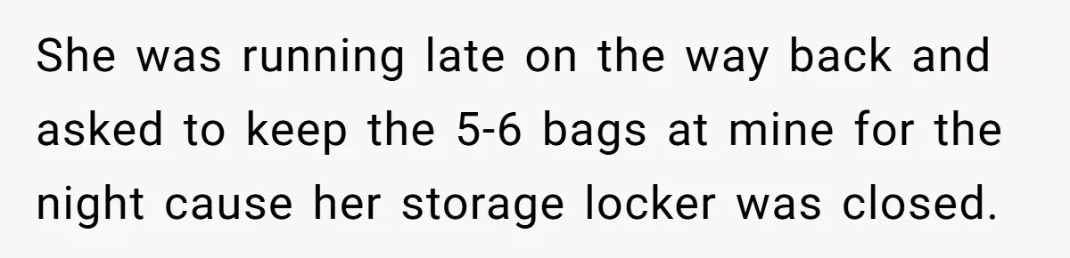She was running late on the way back and asked to keep the 5-6 bags at mine for the night cause her storage locker was closed.