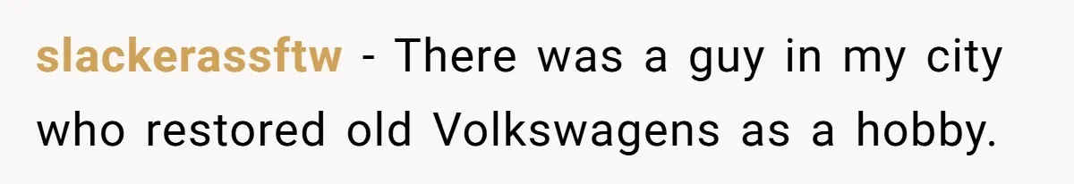 slackerassftw − There was a guy in my city who restored old Volkswagens as a hobby.