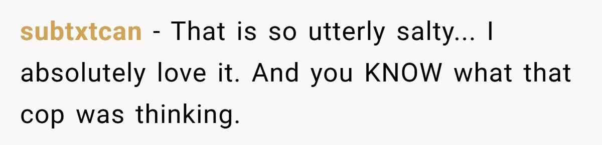 subtxtcan − That is so utterly salty... I absolutely love it. And you KNOW what that cop was thinking.