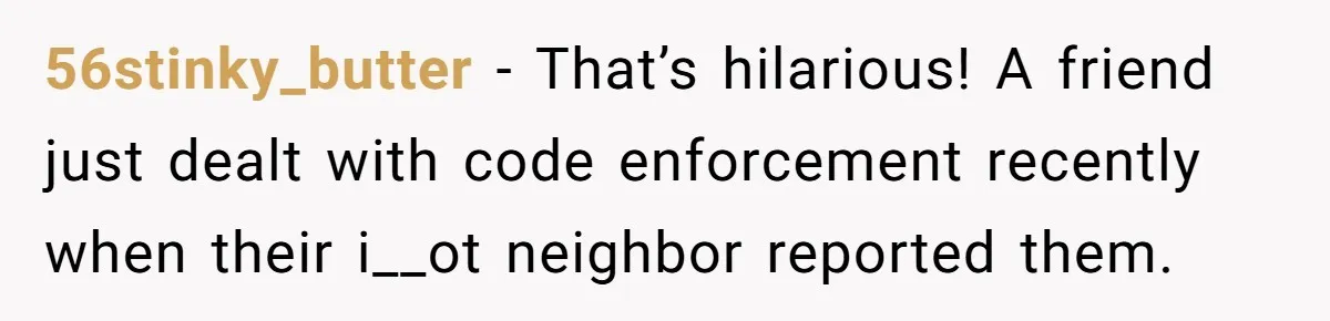 56stinky_butter − That’s hilarious! A friend just dealt with code enforcement recently when their i__ot neighbor reported them.