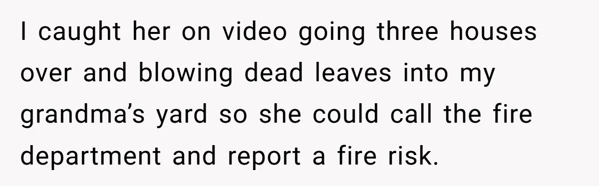 I caught her on video going three houses over and blowing dead leaves into my grandma’s yard so she could call the fire department and report a fire risk.