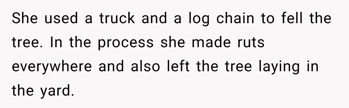 She used a truck and a log chain to fell the tree. In the process she made ruts everywhere and also left the tree laying in the yard.