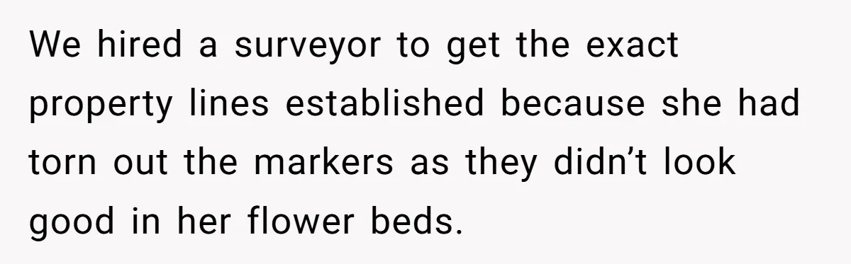 We hired a surveyor to get the exact property lines established because she had torn out the markers as they didn’t look good in her flower beds.