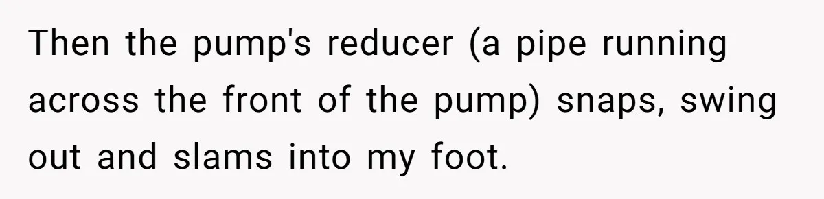Then the pump's reducer (a pipe running across the front of the pump) snaps, swing out and slams into my foot.
